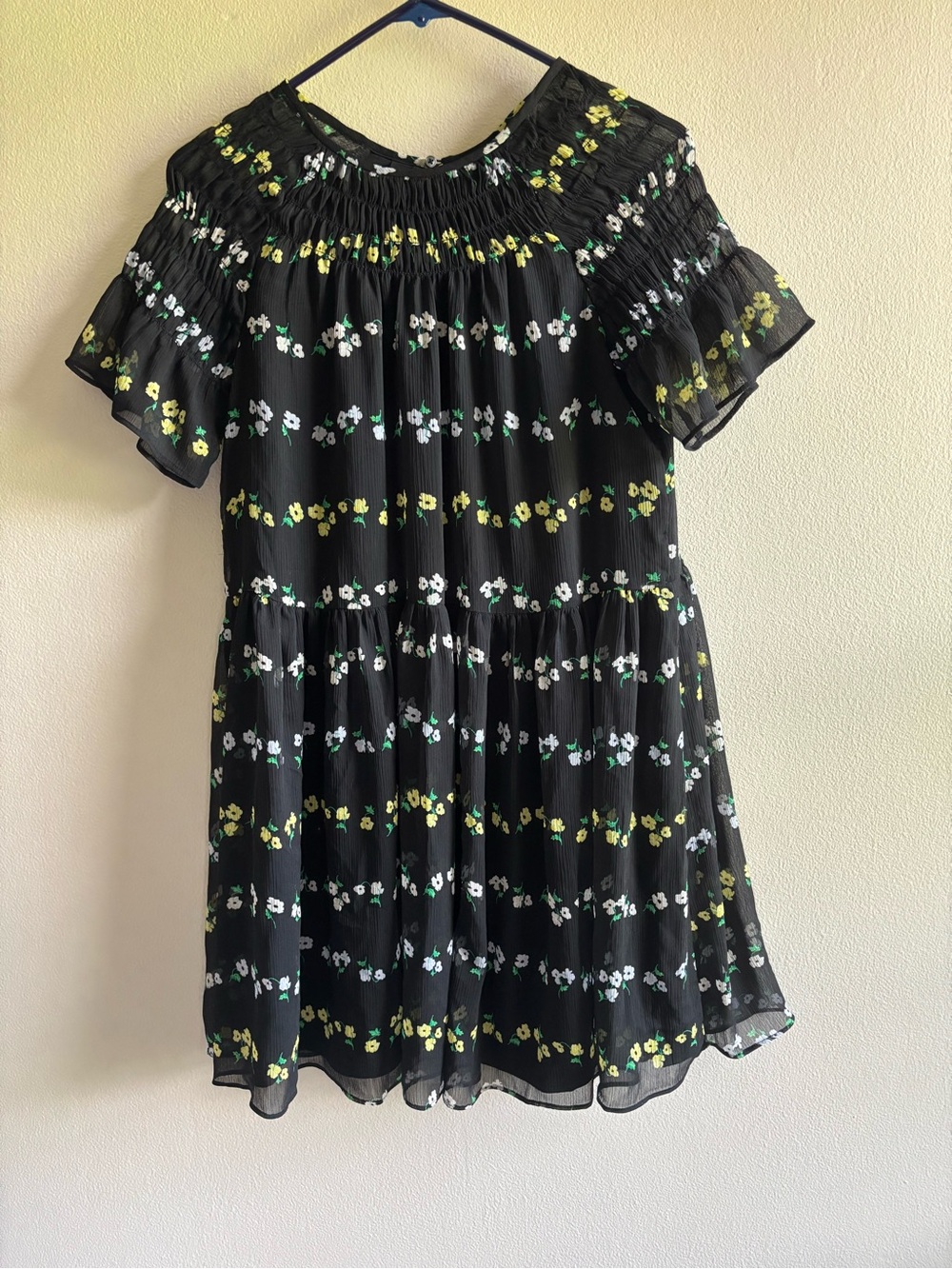 LOFT Black Midi Dress with Yellow & White Floral Print